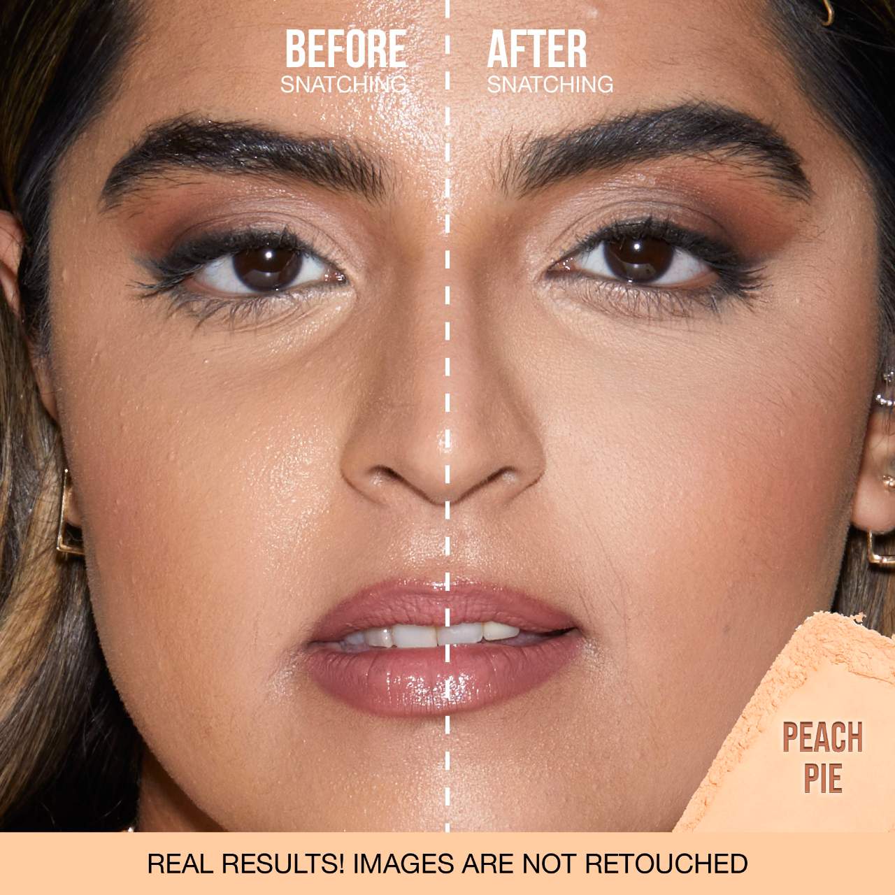 HUDA BEAUTY
Easy Bake and Snatch Pressed Talc-Free Brightening and Setting Powder Color: Peach Pie - medium to deep tan skin tones with warm undertones. golden undertones brighten, while peach undertones disguise under-eye darkness