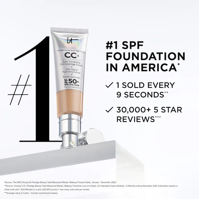 IT Cosmetics
CC+ Cream Full Coverage Color Correcting Foundation with SPF 50+ Color: Medium Tan - golden beige shade with warm undertones