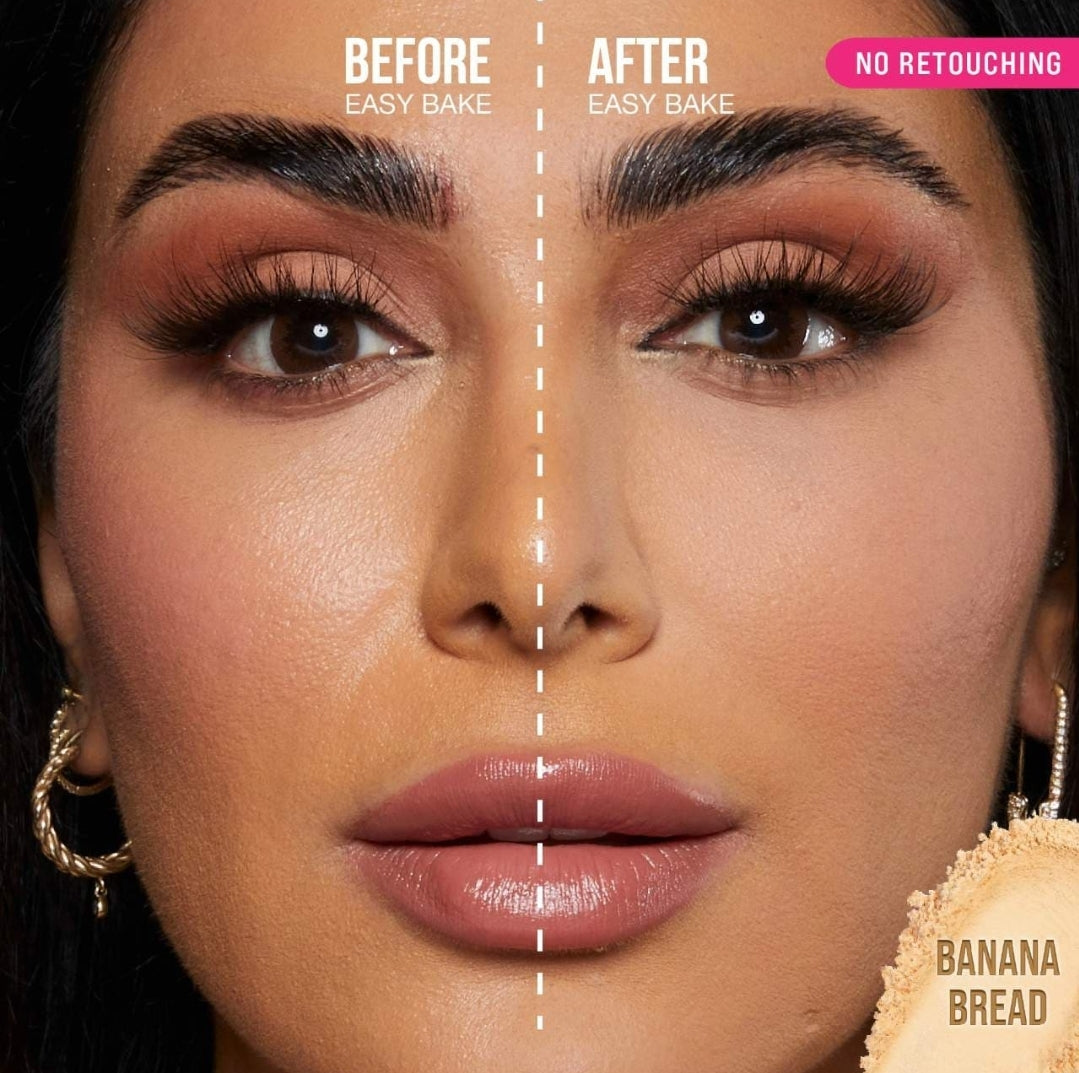 HUDA BEAUTY
Easy Bake Blurring Loose Baking & Setting Powder Color: Banana Bread - light, medium, and tan skin tones. golden undertones brighten and disguise under-eye darkness.