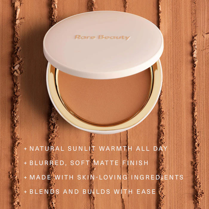 Rare Beauty by Selena Gomez
Warm Wishes Soft Matte Powder Bronzer Color: Sun Blaze - tan with neutral warm undertone