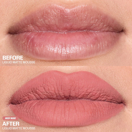 HUDA BEAUTY
Liquid Matte Mousse Soft Blur Lip Cream Color: Rosy Nude - For a rustic rose finish look use