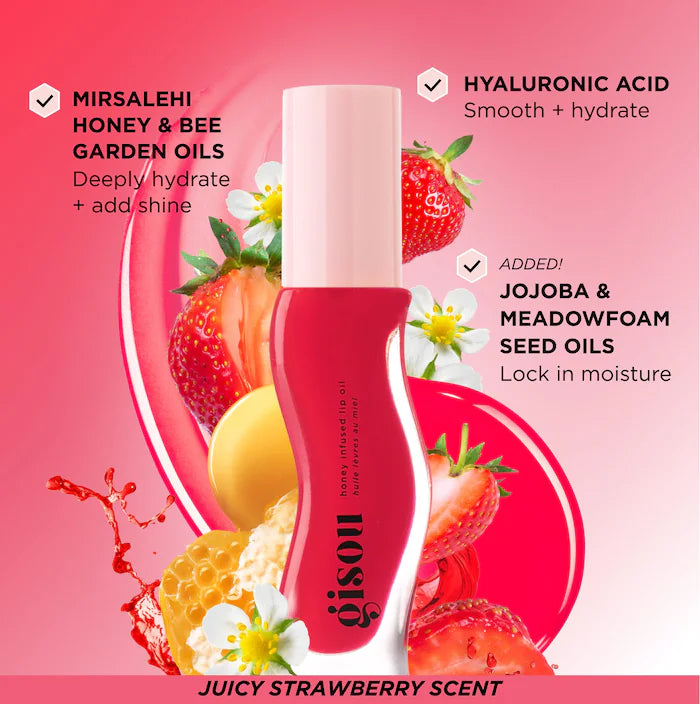 Gisou Honey Infused Hydrating Lip Oil Color: Strawberry Sorbet - Sheer Pinky Red