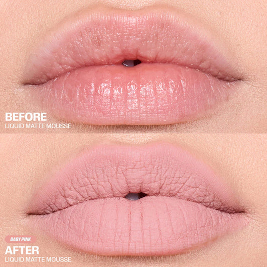 HUDA BEAUTY
Liquid Matte Mousse Soft Blur Lip Cream Color: Baby Pink - For a cool-toned pink flush look use