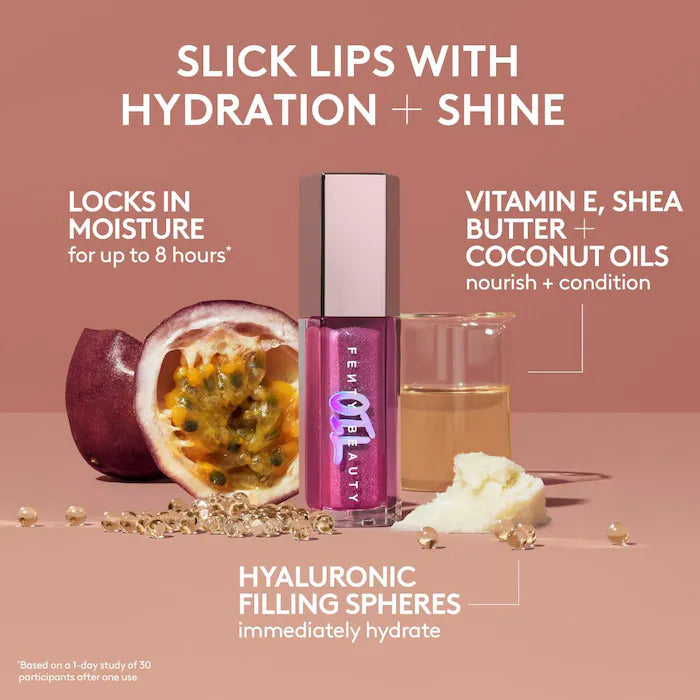 Fenty Beauty by Rihanna
Gloss Bomb Oil Luminizing Lip Oil 'N Gloss Color: Rose Amber - sparkling cool taupe brown