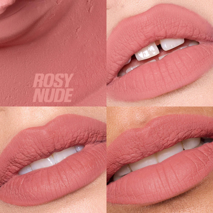 HUDA BEAUTY
Liquid Matte Mousse Soft Blur Lip Cream Color: Rosy Nude - For a rustic rose finish look use
