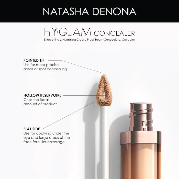 NATASHA DENONA 
Hy-Glam Brightening & Hydrating Medium to Full Coverage Crease Proof Serum Concealer Color: YP5 - light yellow