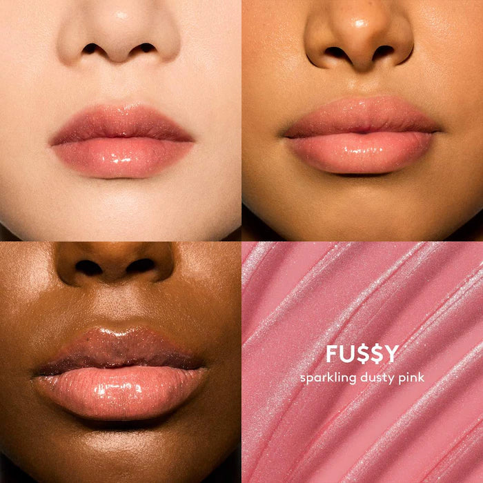 Fenty Beauty by Rihanna 
Gloss Bomb Oil Luminizing Lip Oil 'N Gloss Color: Fu$$Y - sparkling dusty pink