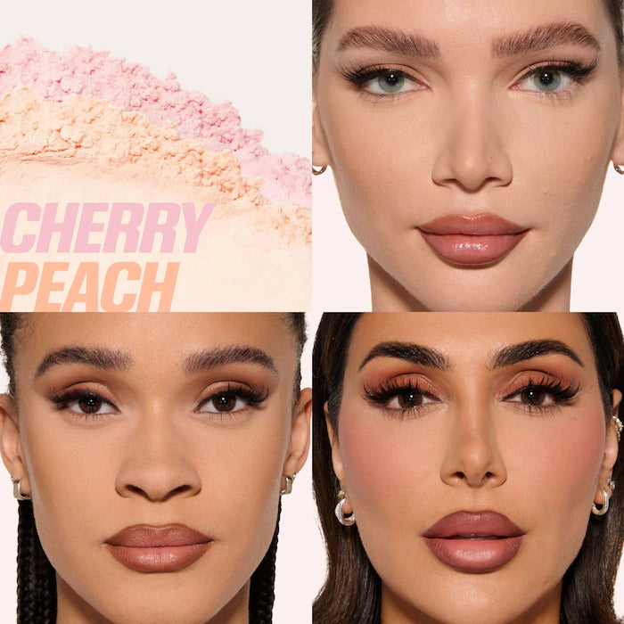 HUDA BEAUTY 
Easy Bake Loose Powder Brightening + Correcting Duo Color: Cherry Peach - cherry blossom cake (sheer soft pink) & peach pie (light peach)