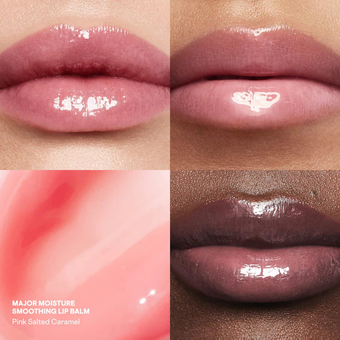 PATRICK TA 
Major Moisture Smoothing and Hydrating Tinted Lip Balm with Vitamin E Color: Pink Salted Caramel - Warm Pink | subtle sweet caramel scent