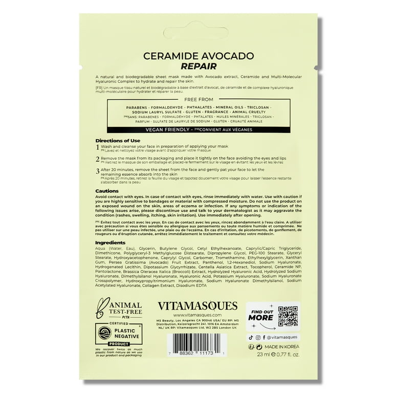 Vitamasques Ceramide Avocado Repair Sheet Mask, For All Skin Types, One Sheet Mask