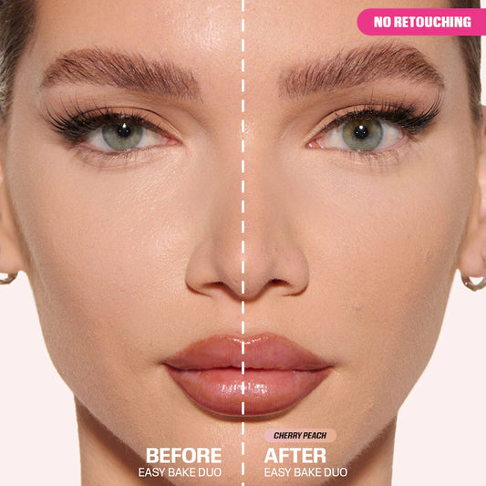 HUDA BEAUTY 
Easy Bake Loose Powder Brightening + Correcting Duo Color: Cherry Peach - cherry blossom cake (sheer soft pink) & peach pie (light peach)