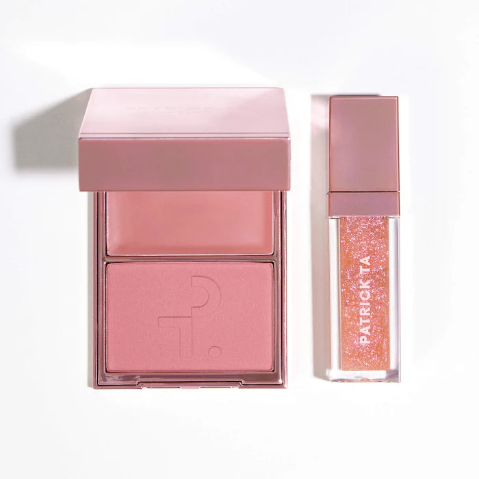 PATRICK TA 
Patrick's Glow and Gloss Set: Major Headlines Blush Duo and Lip Gloss Makeup Gift Set Color: Ice Me Down