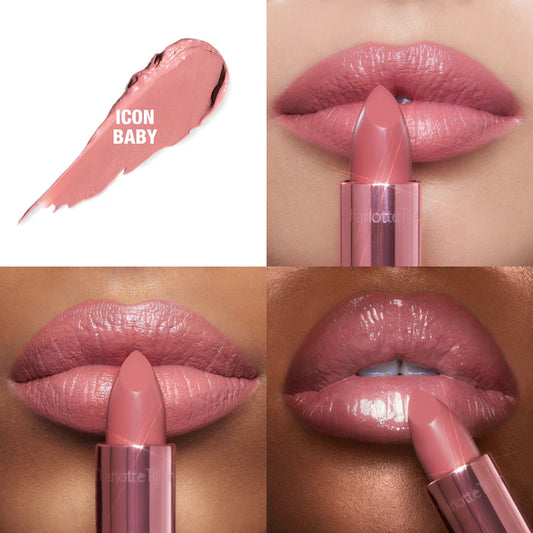 Charlotte Tilbury 
K.I.S.S.I.N.G Satin Shine Lipstick Color: Icon Baby - a warm nude baby pink for iconic lips in just one swipe