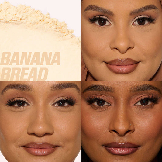 HUDA BEAUTY 
Easy Bake Blurring Loose Baking & Setting Powder Color: Banana Bread - light, medium, and tan skin tones. golden undertones brighten and disguise under-eye darkness.
