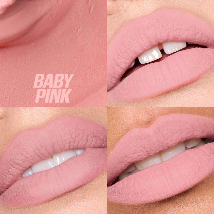 HUDA BEAUTY 
Liquid Matte Mousse Soft Blur Lip Cream Color: Baby Pink - For a cool-toned pink flush look use