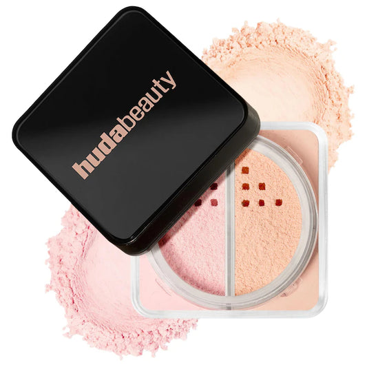 HUDA BEAUTY 
Easy Bake Loose Powder Brightening + Correcting Duo Color: Cherry Peach - cherry blossom cake (sheer soft pink) & peach pie (light peach)