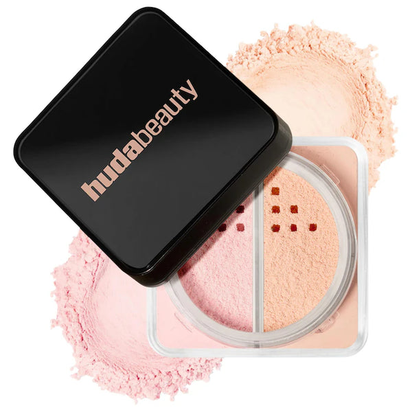 HUDA BEAUTY 
Easy Bake Loose Powder Brightening + Correcting Duo Color: Cherry Peach - cherry blossom cake (sheer soft pink) & peach pie (light peach)
