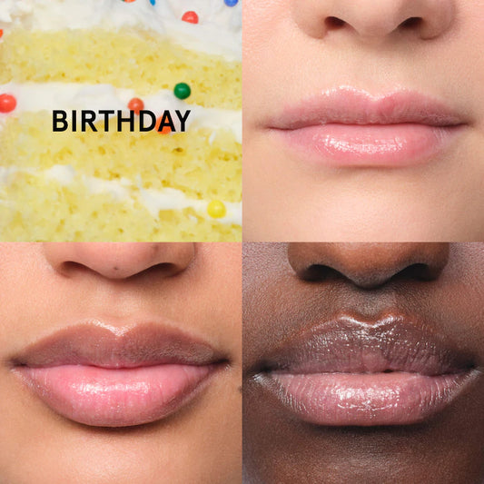 Glossier 
Balm Dotcom Lip Balm and Skin Salve Color: Birthday - soft shimmer clear