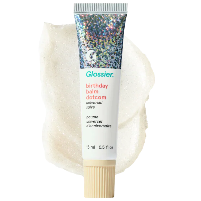 Glossier 
Balm Dotcom Lip Balm and Skin Salve Color: Birthday - soft shimmer clear
