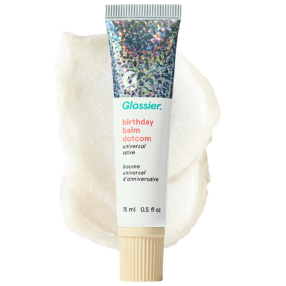 Glossier 
Balm Dotcom Lip Balm and Skin Salve Color: Birthday - soft shimmer clear