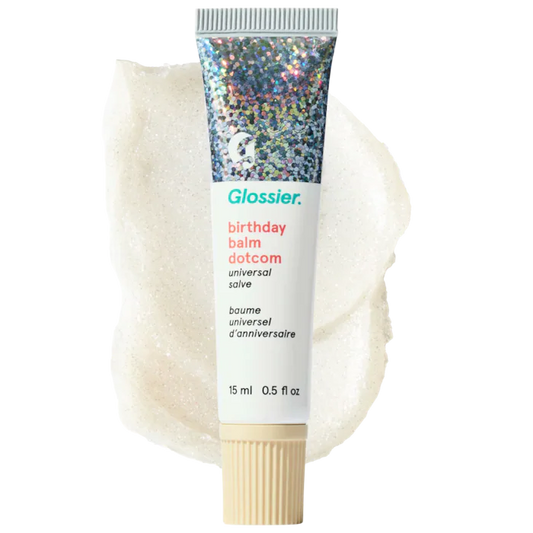 Glossier 
Balm Dotcom Lip Balm and Skin Salve Color: Birthday - soft shimmer clear