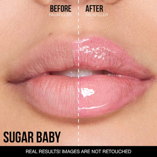 HUDA BEAUTY 
Faux Filler Shiny Non-Sticky Lip Gloss Color: Sugar Baby - light pink