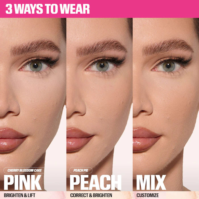 HUDA BEAUTY 
Easy Bake Loose Powder Brightening + Correcting Duo Color: Cherry Peach - cherry blossom cake (sheer soft pink) & peach pie (light peach)