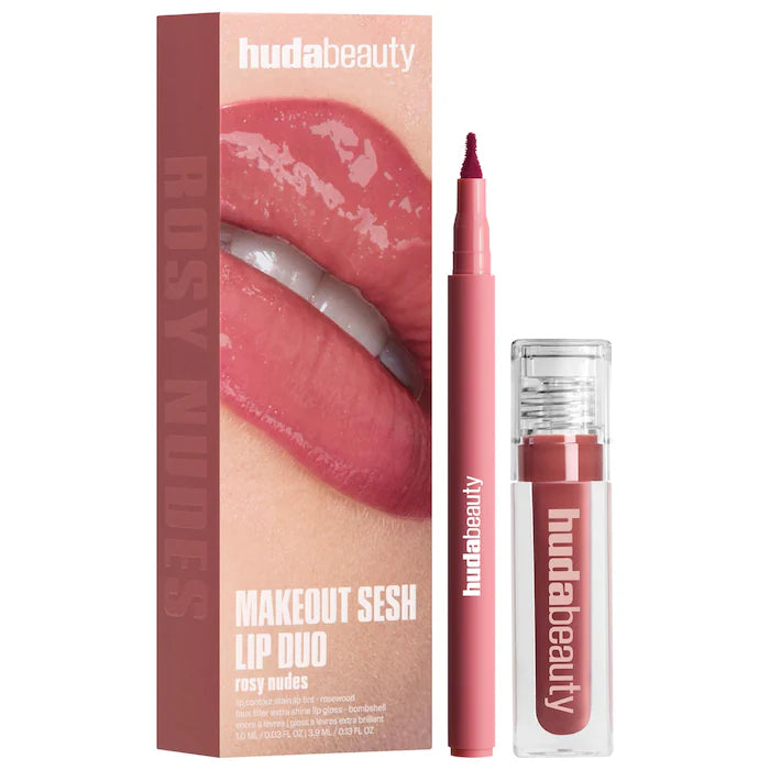 HUDA BEAUTY 
Make Out Sesh Lip Stain and Lip Gloss Duos Color: Rosy bombshell