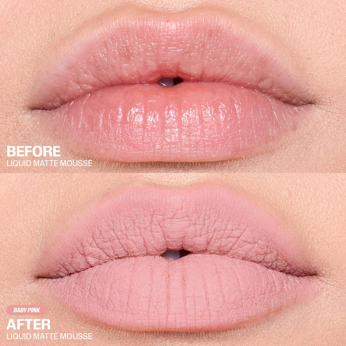 HUDA BEAUTY 
Liquid Matte Mousse Soft Blur Lip Cream Color: Baby Pink - For a cool-toned pink flush look use