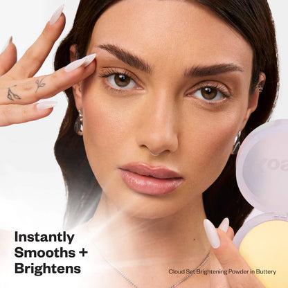 Kosas 
Cloud Set Baked Setting & Smoothing Talc-Free Vegan Powder Color: Buttery - sheer brightening yellow