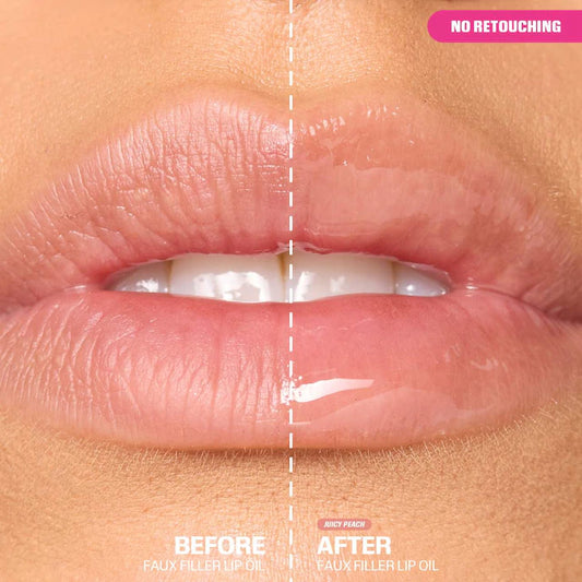 HUDA BEAUTY 
Faux Filler Ultra-Hydrating Tinted Jelly Lip Oil Color: Juicy Peach - sheer peachy nude