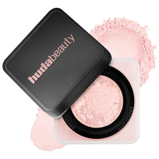 HUDA BEAUTY 
Easy Bake Blurring Loose Baking & Setting Powder Color: Cherry Blossom - sheer soft pink. brighten and disguise under-eye darkness