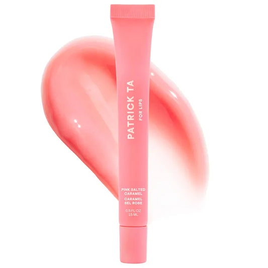 PATRICK TA 
Major Moisture Smoothing and Hydrating Tinted Lip Balm with Vitamin E Color: Pink Salted Caramel - Warm Pink | subtle sweet caramel scent