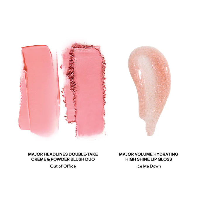 PATRICK TA 
Patrick's Glow and Gloss Set: Major Headlines Blush Duo and Lip Gloss Makeup Gift Set Color: Ice Me Down