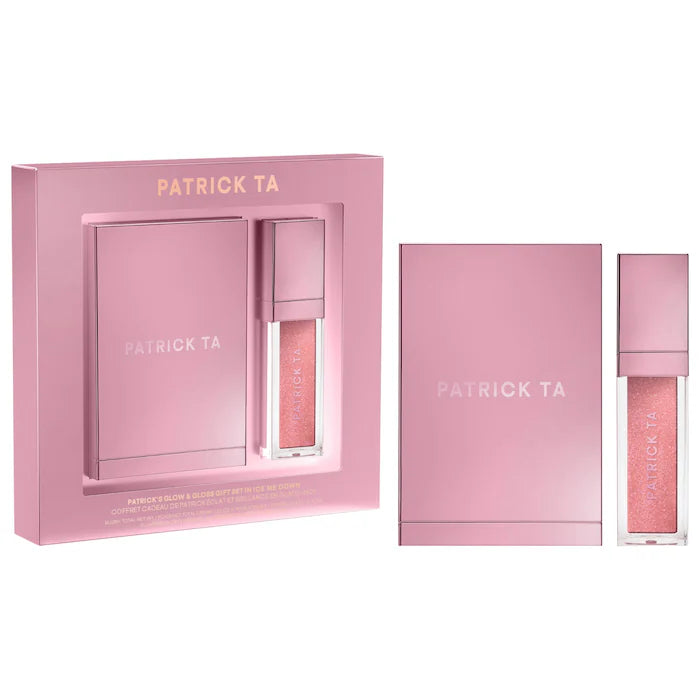 PATRICK TA 
Patrick's Glow and Gloss Set: Major Headlines Blush Duo and Lip Gloss Makeup Gift Set Color: Ice Me Down
