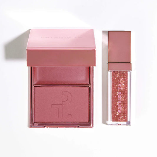 PATRICK TA 
Patrick's Glow and Gloss Set: Major Headlines Blush Duo and Lip Gloss Makeup Gift Set Color: Warm Me Up