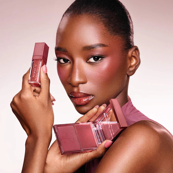 PATRICK TA 
Patrick's Glow and Gloss Set: Major Headlines Blush Duo and Lip Gloss Makeup Gift Set Color: Warm Me Up