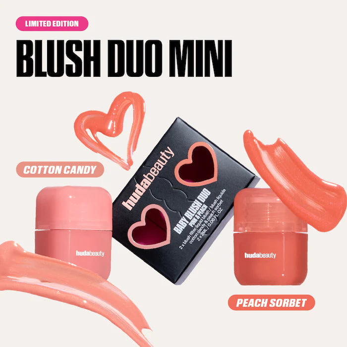 HUDA BEAUTY 
Mini Baby Blush Duo Set Color: Cotton Candy and Peach Sorbet - baby pink / peachy tangerine