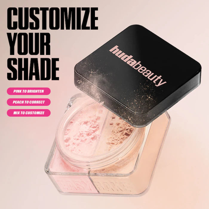 HUDA BEAUTY 
Easy Bake Loose Powder Brightening + Correcting Duo Color: Cherry Peach - cherry blossom cake (sheer soft pink) & peach pie (light peach)